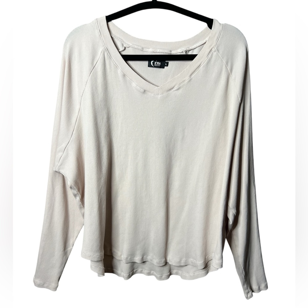 Zyia Active Top Womens Blush Pink Rib Knit Boxy V Neck Long Sleeve Tee Shirt Lg